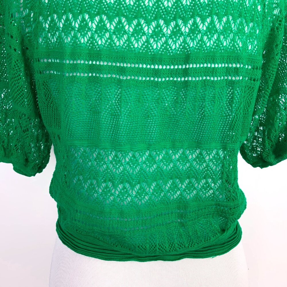 Free People Green Open Knit Short Sleeve Crop Top V-Neck Sz L - Picture 9 of 16